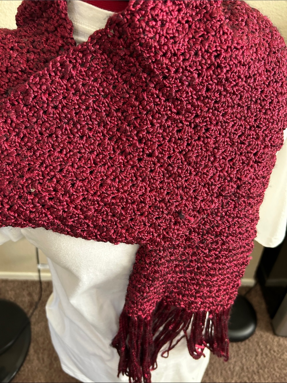 Handmade Burgundy Crochet Scarf with Fringe